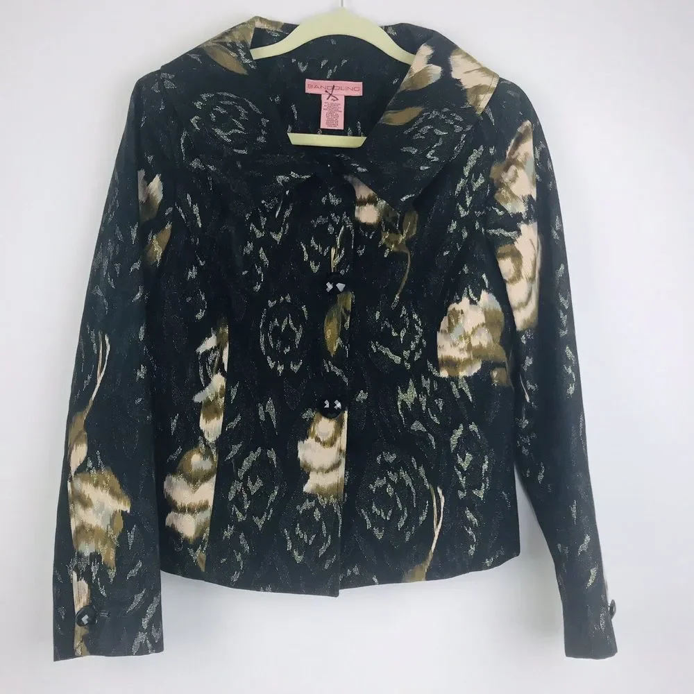 Bandolino Women's Black Gold Floral Shimmer Button‎ Front Jacket Size 6